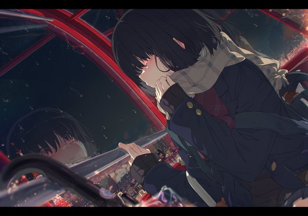 Anime picture 4096x2876 with original ogipote blush highres short hair black hair red eyes looking away absurdres long sleeves night sleeves past wrists reflection letterboxed solo focus rain city lights girl boy uniform