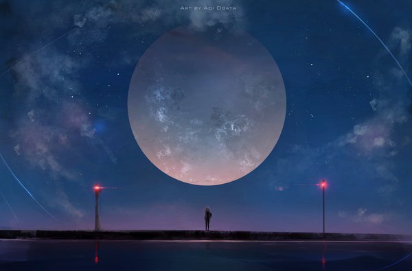 Anime picture 4500x2967 with original aoi ogata single long hair highres standing twintails absurdres sky cloud (clouds) outdoors grey hair from behind reflection girl moon star (stars) full moon lamppost