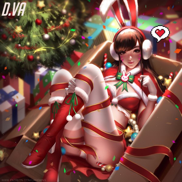 Anime picture 1000x1000 with overwatch blizzard entertainment d.va (overwatch) liang xing single long hair looking at viewer fringe light erotic smile brown hair brown eyes signed animal ears full body bent knee (knees) lips realistic bunny ears fur trim