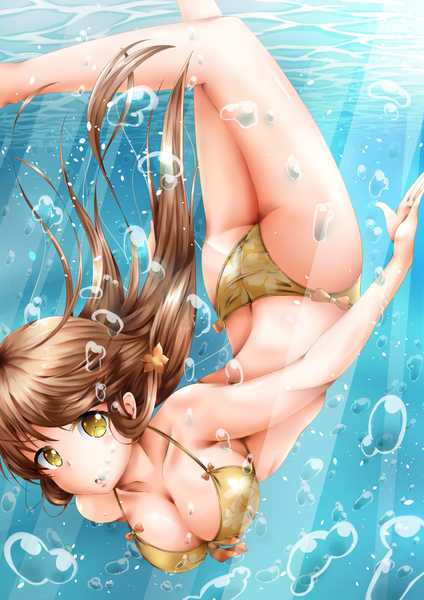 Anime picture 1240x1754 with original kuria (clear trip second) single long hair tall image looking at viewer breasts light erotic brown hair yellow eyes underwater girl swimsuit bikini bubble (bubbles)