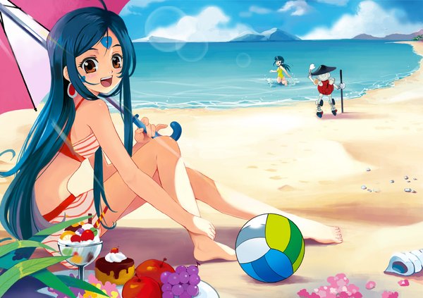 Anime picture 842x595 with aa megami-sama anime international company skuld bampei segil amg192003 long hair open mouth light erotic multiple girls brown eyes blue hair sky bent knee (knees) beach partially submerged turning head mountain summer sand