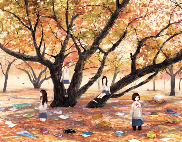 Anime picture 1300x1014 with yuuko (nora0x0) long hair short hair black hair multiple girls group landscape autumn girl uniform plant (plants) school uniform tree (trees) book (books) leaf (leaves) chair 4 girls clock paper notebook