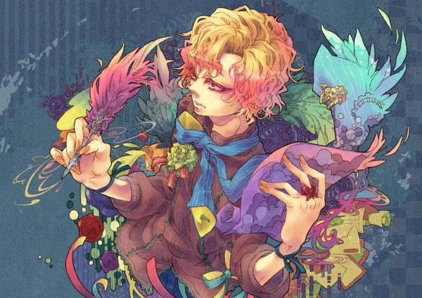 Anime picture 1414x1000 with original ryou (pixiv 821602) single short hair pink hair multicolored hair eyeshadow boy flower (flowers) bow insect butterfly feather (feathers) ring paper