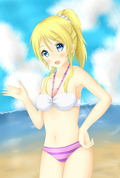 Anime picture 675x1000 with love live! school idol project sunrise (studio) love live! ayase eli tear yu single long hair tall image looking at viewer blush fringe breasts open mouth blue eyes blonde hair smile sky cloud (clouds) ponytail hand on hip