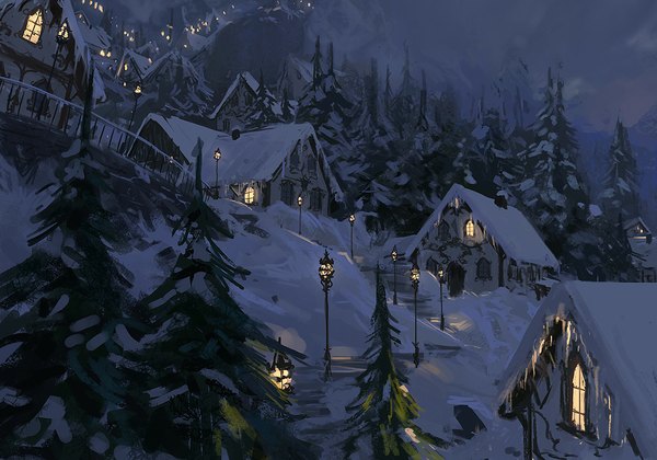 Anime picture 1000x700 with original johannes voss light winter snow no people landscape village plant (plants) tree (trees) window building (buildings) lantern stairs fence house lamppost roof