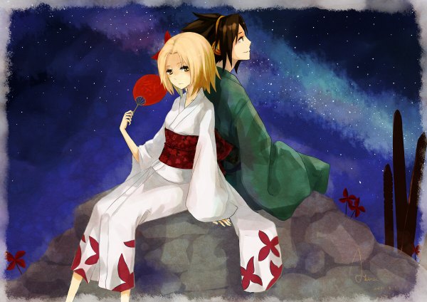 Anime picture 1200x848 with shaman king xebec asakura you kyouyama anna akira kira short hair blonde hair smile brown hair sitting brown eyes yellow eyes sky japanese clothes profile night night sky couple back to back rock