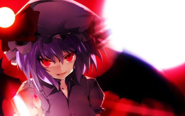 Anime picture 1000x629 with touhou remilia scarlet kaede (sayappa) single looking at viewer short hair open mouth red eyes purple hair teeth fang (fangs) red moon girl dress wings