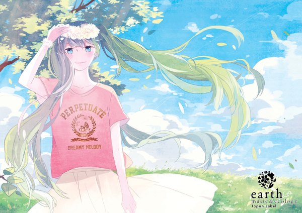 Anime picture 1300x919 with vocaloid hatsune miku kyang692 single long hair blush smile twintails sky cloud (clouds) aqua eyes aqua hair girl skirt leaf (leaves) t-shirt