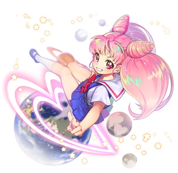 Anime picture 1000x970 with bishoujo senshi sailor moon toei animation chibiusa mizukoma single long hair looking at viewer blush fringe simple background smile white background twintails pink hair full body bent knee (knees) nail polish pink eyes from above hair bun (hair buns)