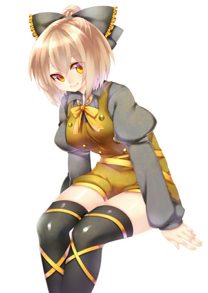 Anime picture 752x1062 with touhou kurodani yamame yutazou single tall image looking at viewer short hair simple background blonde hair smile white background orange eyes girl thighhighs dress bow hair bow white thighhighs