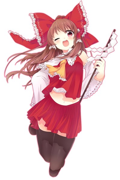 Anime picture 1329x2000 with touhou hakurei reimu shiika yuno single long hair tall image blush open mouth simple background red eyes brown hair white background one eye closed wink girl thighhighs skirt bow black thighhighs hair bow