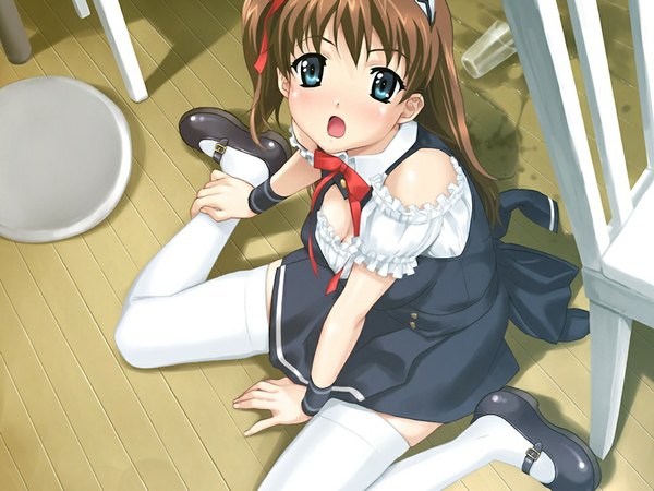 Anime picture 1024x768 with resort boin amamiya momona blue eyes brown hair game cg maid loli falling girl