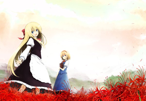 Anime picture 1265x875 with touhou alice margatroid shanghai lefthand long hair short hair open mouth blue eyes blonde hair multiple girls girl flower (flowers) bow 2 girls hair bow hairband apron doll (dolls) higanbana