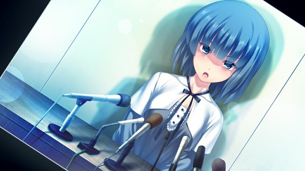 Anime picture 1024x576 with d-eve in you takeoka minami short hair open mouth blue eyes black hair wide image game cg girl microphone