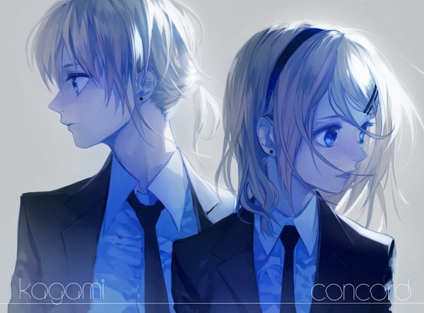 Anime picture 1420x1050 with vocaloid kagamine rin kagamine len g.g.lemon fringe short hair blue eyes blonde hair looking away ponytail profile lips alternate costume piercing close-up twins brother and sister girl boy hair ornament
