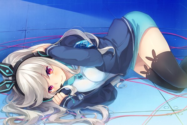 Anime picture 2400x1600 with k.r.t.girls nana (krt girls) shinia single long hair looking at viewer blush fringe highres breasts smile silver hair lying pink eyes girl thighhighs skirt black thighhighs miniskirt headphones