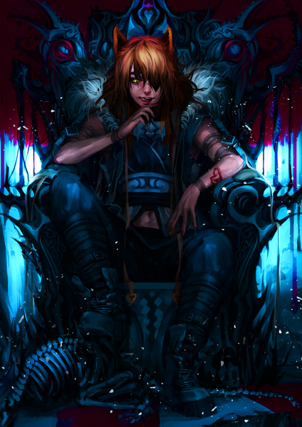 Anime picture 2976x4208 with genki-de single long hair tall image fringe highres brown hair sitting green eyes animal ears nail polish hair over one eye scar hand to mouth licking skeleton boy navel bracelet tongue