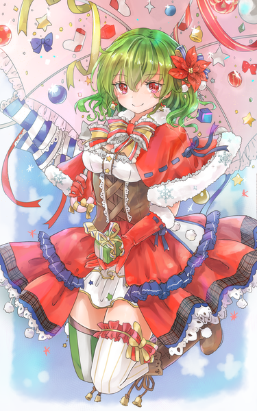 Anime picture 1200x1920 with touhou kazami yuuka shironeko yuuki single tall image looking at viewer fringe short hair smile hair between eyes red eyes hair flower green hair alternate costume zettai ryouiki fur trim christmas striped underbust different thighhighs