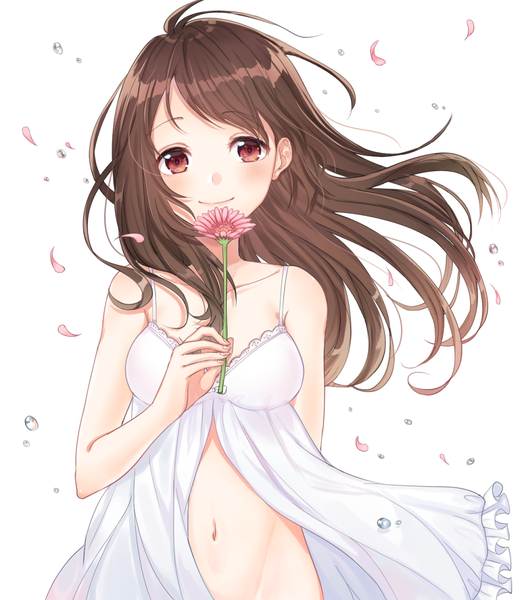 Anime picture 1002x1150 with original oto (8731832) single long hair tall image looking at viewer blush fringe breasts light erotic simple background smile red eyes brown hair white background bare shoulders holding ahoge arm up wind