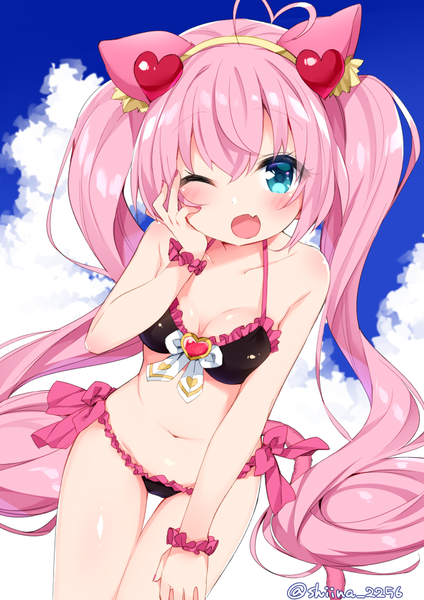 Anime picture 716x1012 with show by rock!! studio bones rosia (show by rock!!) tousaki shiina single long hair tall image blush fringe breasts open mouth light erotic hair between eyes signed animal ears pink hair sky cloud (clouds) ahoge tail