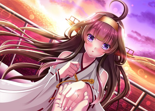 Anime picture 1920x1380 with kantai collection kongou battleship yuuzuki hijiri long hair looking at viewer blush fringe highres brown hair standing purple eyes bare shoulders payot upper body ahoge traditional clothes japanese clothes wide sleeves dutch angle embarrassed