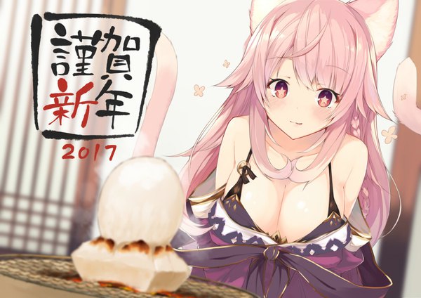 Anime picture 1000x707 with original yuui hutabakirage single long hair blush breasts light erotic red eyes large breasts bare shoulders animal ears pink hair cleavage tail braid (braids) traditional clothes japanese clothes animal tail cat ears inscription