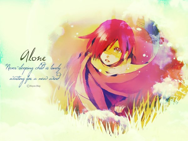 Anime picture 1024x768 with d.gray-man lavi white background red hair boy plant (plants) scarf bag cloak grass eyepatch child (children)