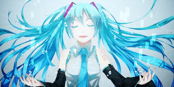 Anime picture 1394x697 with vocaloid hatsune miku tokumu kyuu single long hair fringe open mouth wide image twintails eyes closed nail polish fingernails wide sleeves singing girl detached sleeves shirt necktie bubble (bubbles)