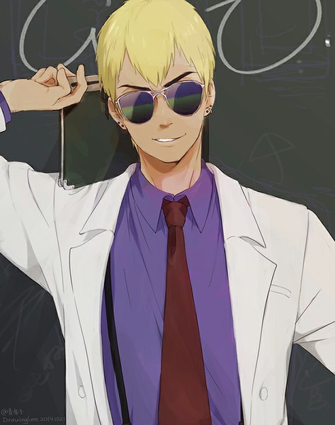 Anime picture 630x800 with great teacher onizuka studio pierrot eikichi onizuka drawing lee single tall image looking at viewer short hair blonde hair smile signed copyright name piercing ear piercing eyebrows teacher boy shirt necktie sunglasses