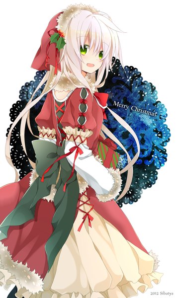 Anime picture 950x1610 with original nana kusun single long hair tall image looking at viewer fringe open mouth standing green eyes white hair christmas merry christmas girl dress hat gift santa claus hat