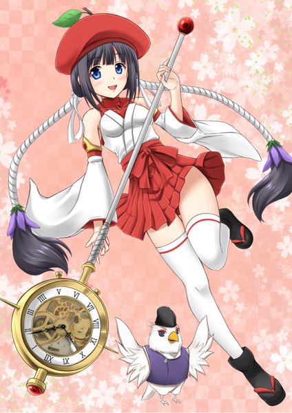 Anime picture 1000x1414 with original fuuma nagi single tall image looking at viewer blush open mouth blue eyes black hair twintails bare shoulders very long hair girl thighhighs dress flower (flowers) detached sleeves animal white thighhighs bird (birds)