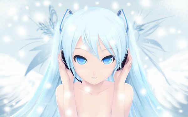 Anime picture 1024x640 with vocaloid hatsune miku cait yoru ryuu (artist) single long hair looking at viewer blue eyes bare shoulders blue hair nude no bra snowing white wings hand on headphones girl wings headphones microphone