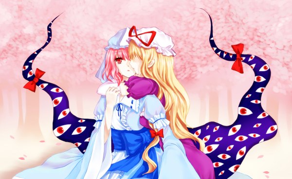 Anime picture 1410x866 with touhou yakumo yukari saigyouji yuyuko long hair short hair blonde hair red eyes wide image multiple girls pink hair japanese clothes hug tears eyes girl dress gloves bow 2 girls petals