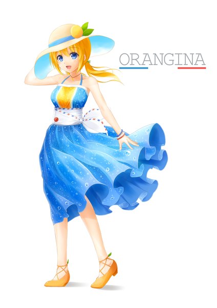 Anime picture 1373x1943 with original orangina rito single long hair tall image looking at viewer open mouth blue eyes simple background blonde hair white background girl dress hat bracelet
