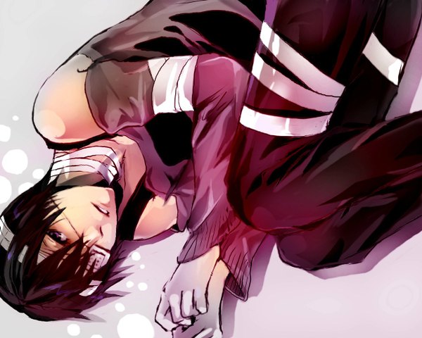 Anime picture 1280x1024 with vocaloid taito (vocaloid) single short hair open mouth black hair purple eyes bare shoulders embryo's pose boy bandage (bandages) eyepatch