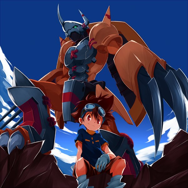 Anime picture 1200x1200 with digimon digimon adventure yagami taichi wargreymon mikan (mkn 0710) looking at viewer short hair smile red eyes brown hair sitting sky cloud (clouds) from below boy gloves white gloves goggles