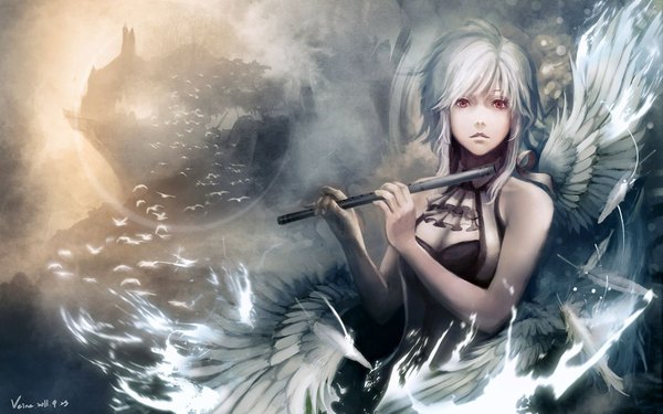 Anime picture 1920x1200 with original veine single looking at viewer highres short hair red eyes grey hair wallpaper angel wings fantasy jpeg artifacts girl dress animal wings bird (birds) musical instrument flute