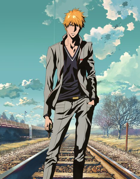 Anime picture 1600x2052 with bleach studio pierrot kurosaki ichigo shinkai makoto narusailor single tall image fringe short hair standing sky cloud (clouds) orange hair open clothes open jacket alternate costume hand in pocket clenched teeth bare tree boy