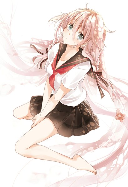 Anime picture 720x1052 with vocaloid ia (vocaloid) bottle ia (vocaloid) izumil single tall image looking at viewer blue eyes simple background blonde hair white background braid (braids) very long hair bare legs liquid hair girl skirt uniform bow ribbon (ribbons)