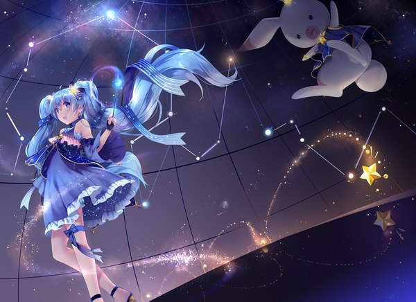 Anime picture 2145x1559 with vocaloid star night snow (vocaloid) hatsune miku yuki miku rabbit yukine yuki miku (2017) hmniao single long hair looking at viewer highres blue eyes twintails bare shoulders blue hair ahoge :o floating hair magic starry sky print