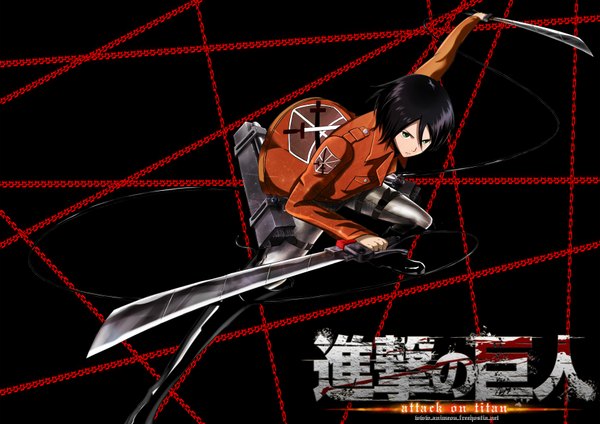 Anime picture 3507x2480 with shingeki no kyojin production i.g mikasa ackerman highres short hair black hair holding black eyes dual wielding girl weapon sword jacket boots scarf chain