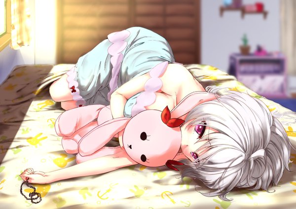 Anime picture 1716x1215 with senki zesshou symphogear satelight yukine chris caesar8149 single long hair looking at viewer highres breasts light erotic large breasts holding silver hair lying pink eyes sunlight girl bed toy stuffed animal