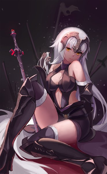Anime picture 1500x2425 with fate (series) fate/grand order fate/apocrypha jeanne d'arc (fate) (all) jeanne d'arc alter (fate) jeanne d'arc alter (avenger) (third ascension) (fate) loading (vkjim0610) single long hair tall image looking at viewer light erotic sitting yellow eyes cleavage bent knee (knees) white hair arm up holding hair girl