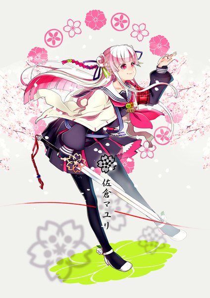 Anime picture 777x1099 with original houhou (black lack) single long hair tall image fringe smile holding pink hair long sleeves pleated skirt pink eyes wind grey background hair bun (hair buns) cherry blossoms girl skirt uniform hair ornament
