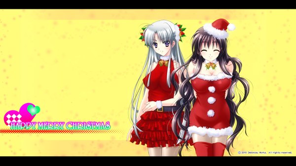 Anime picture 1920x1080 with yamamoto kazue long hair highres black hair simple background wide image purple eyes multiple girls white hair eyes closed fur trim christmas yellow background merry christmas girl dress hair ornament 2 girls fur santa claus hat
