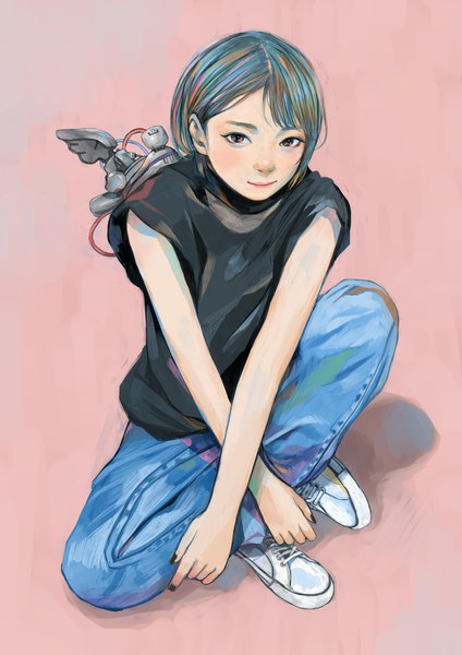 Anime picture 2968x4200 with original zashiki warashi (artist) single tall image looking at viewer fringe highres short hair simple background sitting full body bent knee (knees) nail polish from above light smile aqua hair shadow sleeveless crossed legs crossed arms