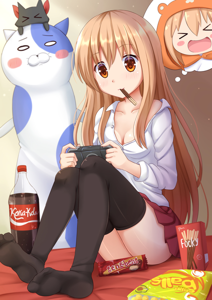 Anime picture 1200x1697 with himouto! umaru-chan nichijou kyoto animation doga kobo coca-cola doma umaru sakamoto (nichijou) komaru kazenokaze long hair tall image blush light erotic brown hair brown eyes convenient censoring > < blush stickers girl thighhighs