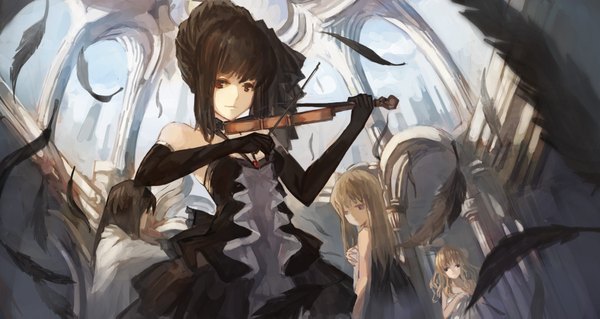 Anime picture 3884x2069 with original qghy long hair fringe highres wide image standing bare shoulders multiple girls holding looking away absurdres sky cloud (clouds) looking back light smile from behind sunlight from below playing instrument