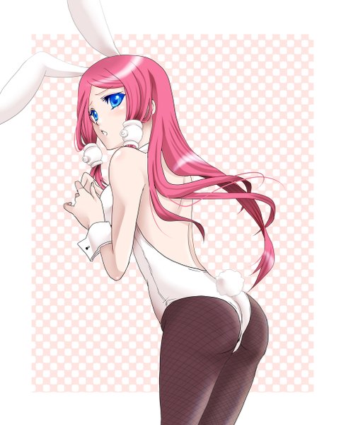 Anime picture 1000x1228 with blazblue tsubaki yayoi kikuyoshi single long hair tall image open mouth blue eyes light erotic red hair looking back bunny ears back bunny girl polka dot bunny tail polka dot background girl pantyhose bunnysuit