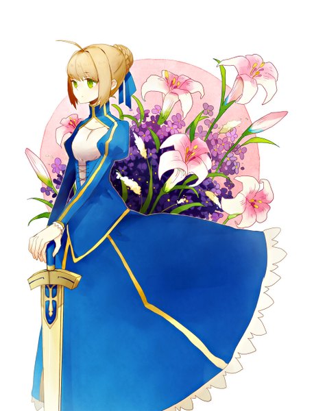 Anime picture 1000x1264 with fate (series) fate/stay night fate/zero studio deen type-moon artoria pendragon (all) saber nmk single tall image simple background blonde hair green eyes ahoge hair bun (hair buns) floral background braided bun girl dress flower (flowers)